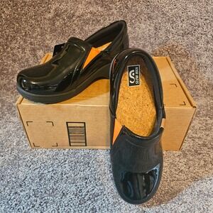 Slow Man Women Black Patent Slip On Clogs Orange Trim US 7.5 8